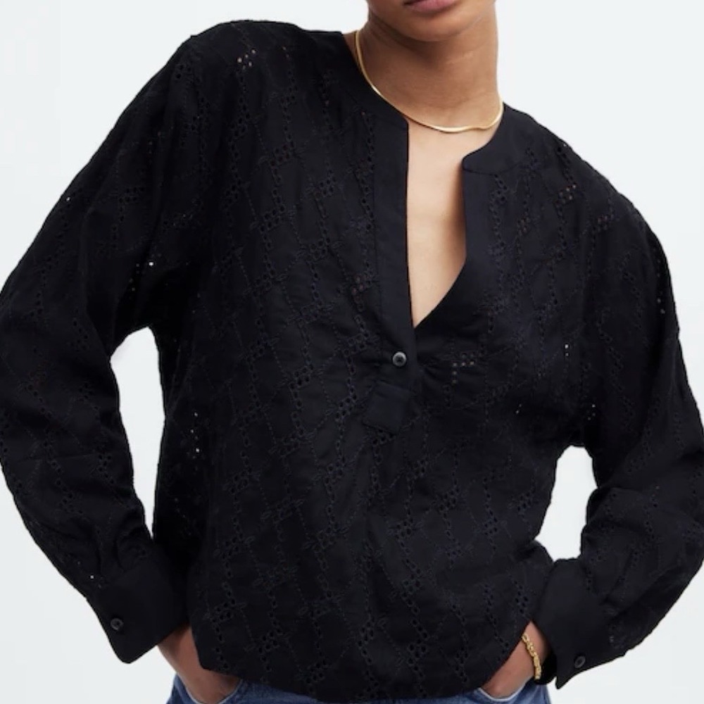 Madewell Long Sleeve Popover Top Eyelet Black Blouse Womens XL Lace Linen Blend